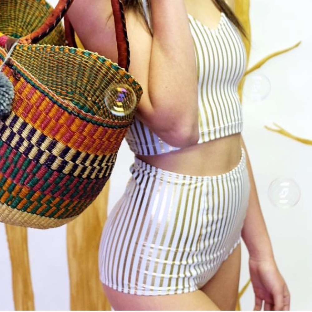 Kortni Jeane Gold Striped High Waisted Swim Bottoms size M NWOT